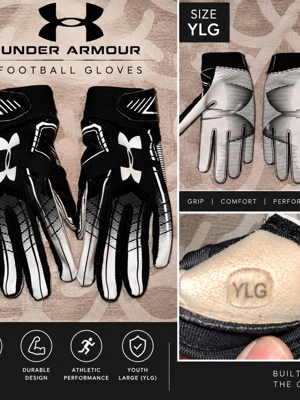 Under Armour Black and White Youth Football Gloves, YLG